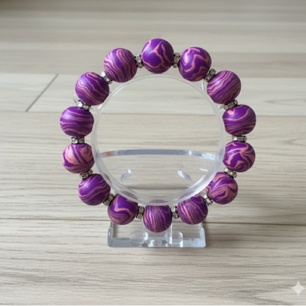 Unique Artisan Purple Marble-Look Beaded Bracelet with Rhinestone Spacers - Picture 5 of 11